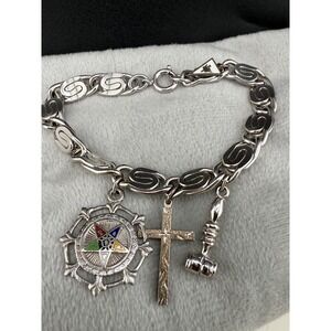 Vintage Masonic Charm Bracelet Greek Key Silver Tone 7.5"